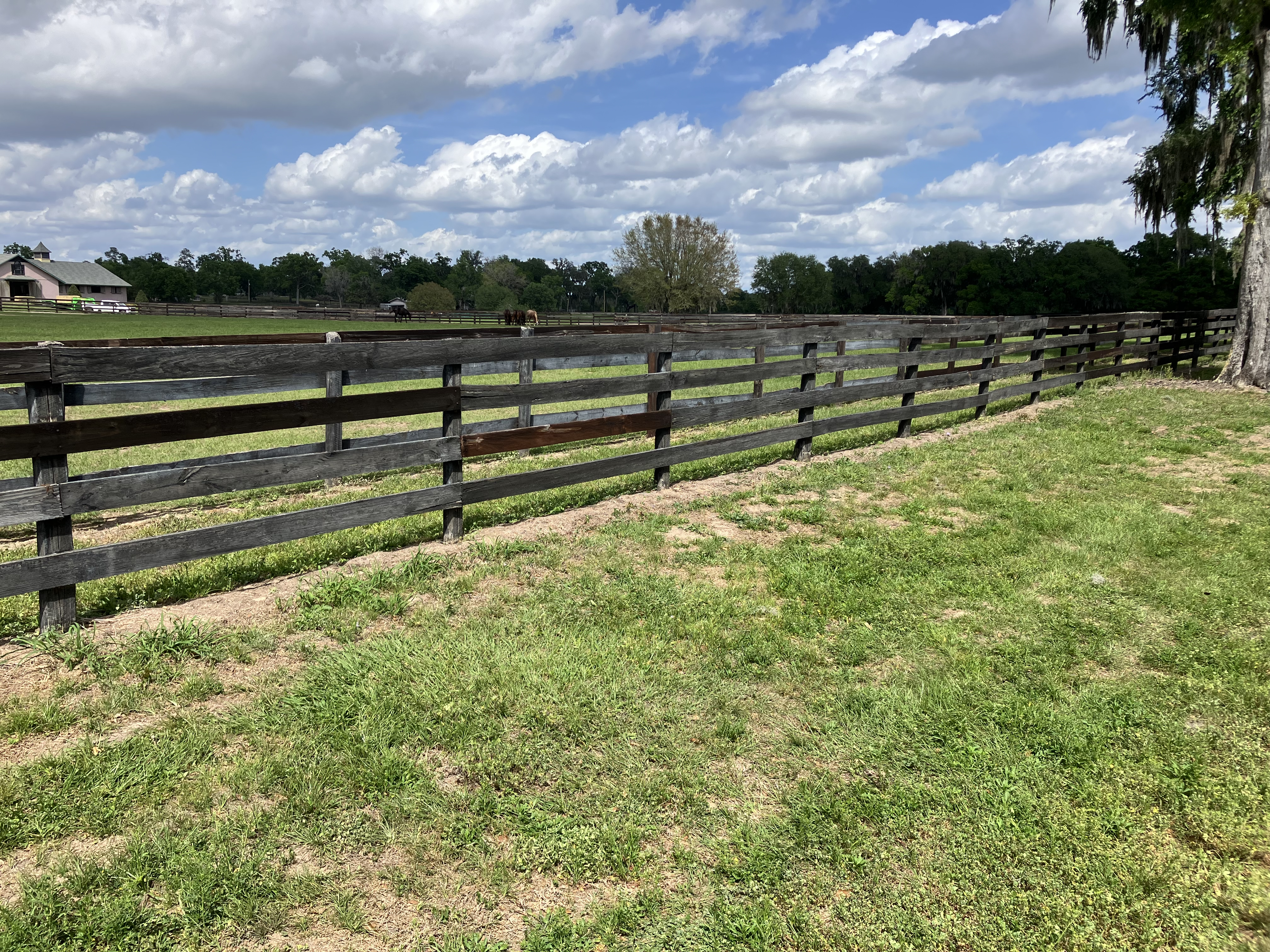 Weathered wood board fence needing repair
